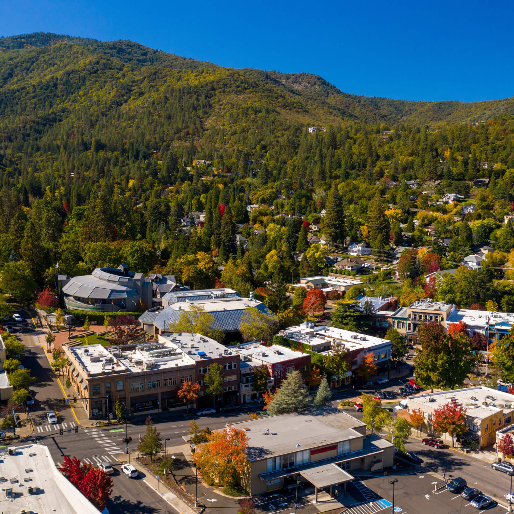 An aerial view of downtown Ashland, Oregon